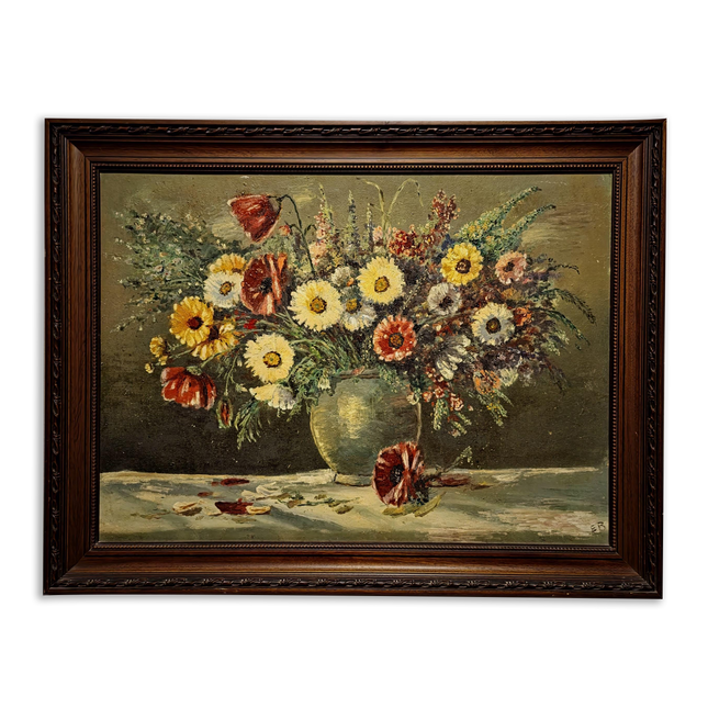 Large Wildflower Still Life Oil Painting, Vintage Meadow Bouquet Artwork, Cottagecore Wall Art, Rustic Floral Decor, Framed Garden Art