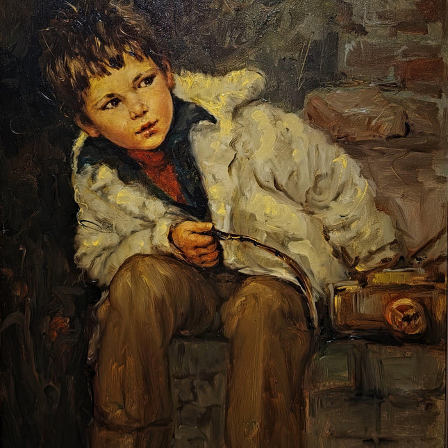 Large Vintage Emotional Child Portrait Oil Painting, Italian Genre Artwork, Framed Old World Decor, Dark Academia Wall Art