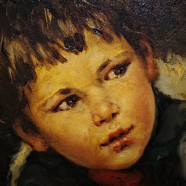 Large Vintage Emotional Child Portrait Oil Painting, Italian Genre Artwork, Framed Old World Decor, Dark Academia Wall Art
