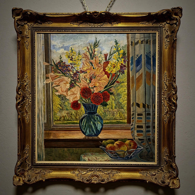 Large Vintage Window Still Life Oil Painting, Floral Interior Scene, Signed German Artwork, Old World Cottage Decor Framed European Wall Art