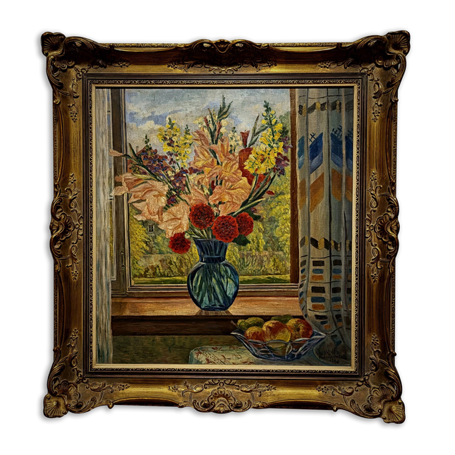 Large Vintage Window Still Life Oil Painting, Floral Interior Scene, Signed German Artwork, Old World Cottage Decor Framed European Wall Art