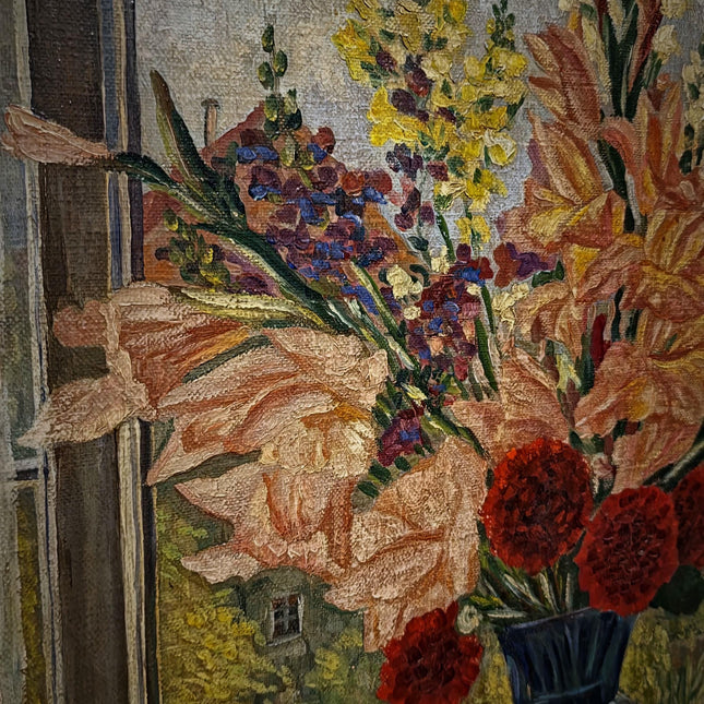 Large Vintage Window Still Life Oil Painting, Floral Interior Scene, Signed German Artwork, Old World Cottage Decor Framed European Wall Art