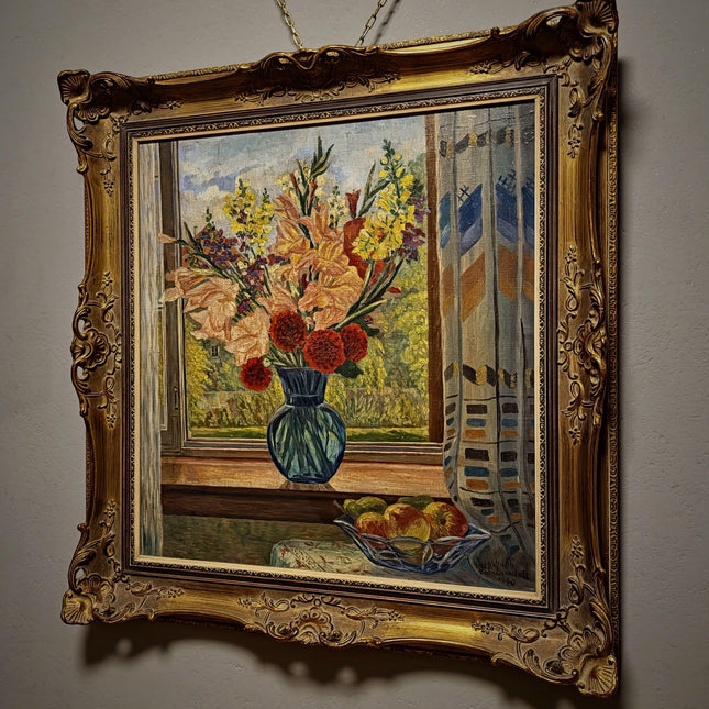 Large Vintage Window Still Life Oil Painting, Floral Interior Scene, Signed German Artwork, Old World Cottage Decor Framed European Wall Art