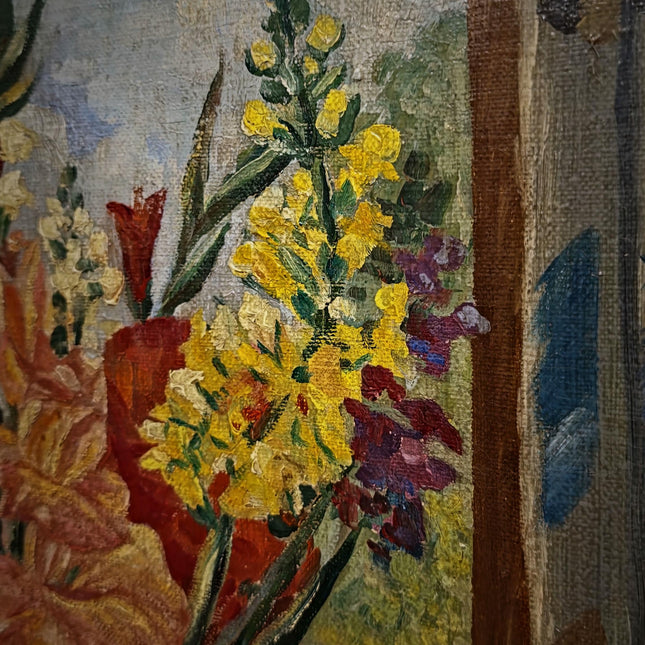 Large Vintage Window Still Life Oil Painting, Floral Interior Scene, Signed German Artwork, Old World Cottage Decor Framed European Wall Art