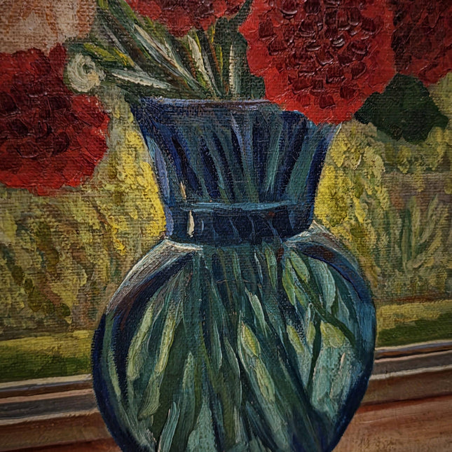 Large Vintage Window Still Life Oil Painting, Floral Interior Scene, Signed German Artwork, Old World Cottage Decor Framed European Wall Art
