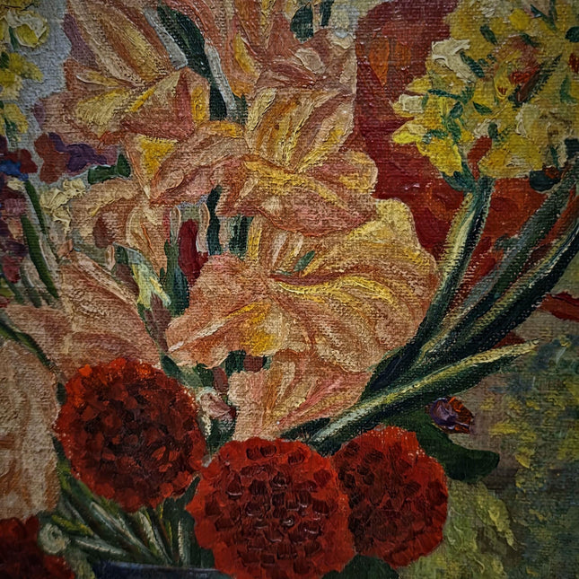 Large Vintage Window Still Life Oil Painting, Floral Interior Scene, Signed German Artwork, Old World Cottage Decor Framed European Wall Art