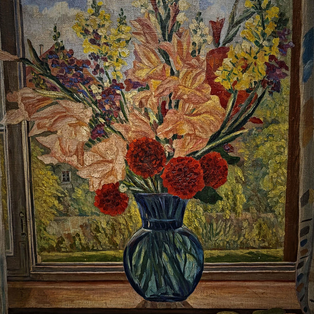Large Vintage Window Still Life Oil Painting, Floral Interior Scene, Signed German Artwork, Old World Cottage Decor Framed European Wall Art