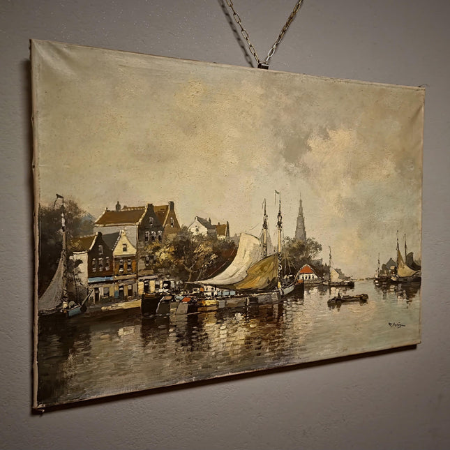 Vintage Dutch Seascape Oil Painting, Harbor Maritime Boat Artwork, European Coastal Wall Art, Nautical Decor, Large Signed Canvas