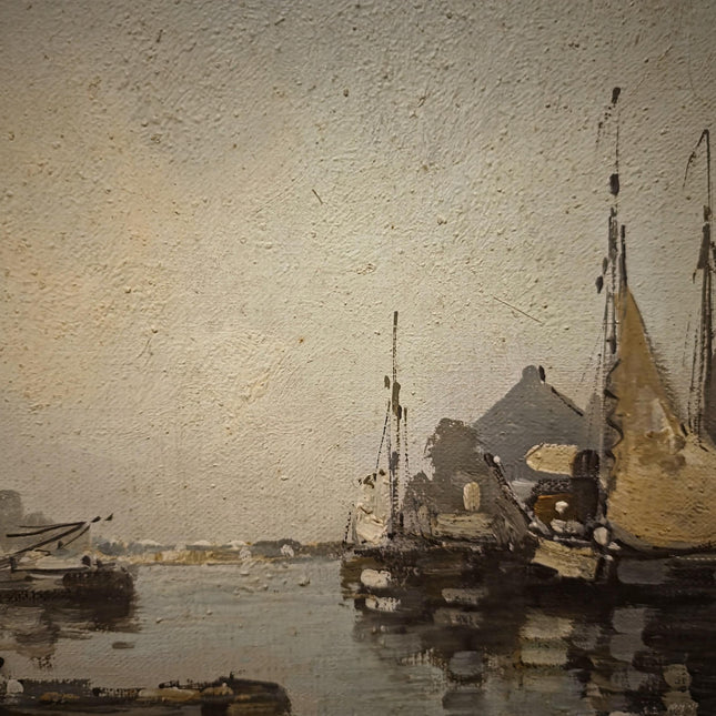 Vintage Dutch Seascape Oil Painting, Harbor Maritime Boat Artwork, European Coastal Wall Art, Nautical Decor, Large Signed Canvas