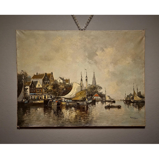 Vintage Dutch Seascape Oil Painting, Harbor Maritime Boat Artwork, European Coastal Wall Art, Nautical Decor, Large Signed Canvas