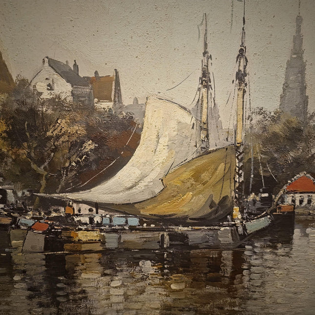Vintage Dutch Seascape Oil Painting, Harbor Maritime Boat Artwork, European Coastal Wall Art, Nautical Decor, Large Signed Canvas