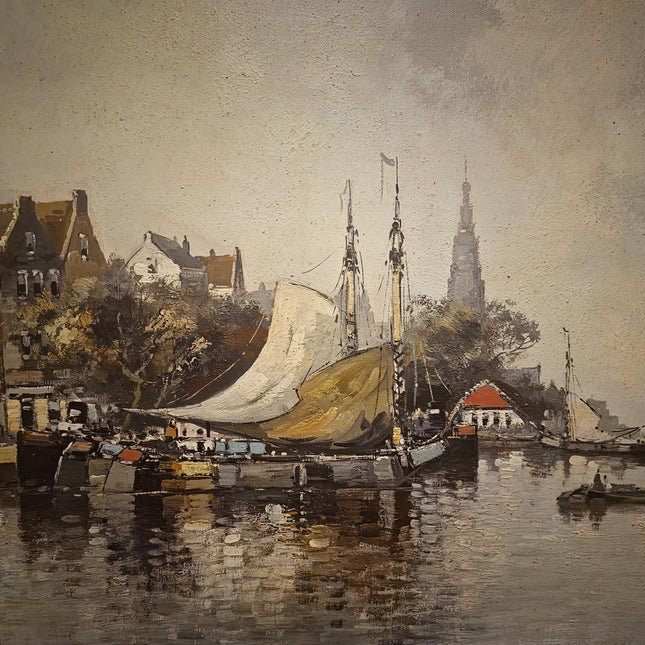 Vintage Dutch Seascape Oil Painting, Harbor Maritime Boat Artwork, European Coastal Wall Art, Nautical Decor, Large Signed Canvas