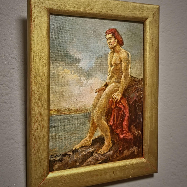 Academic Male Nude Oil Painting, Signed Vintage French Figure Study, Original Classical Artwork, Small Framed Canvas, Masculine Wall Decor