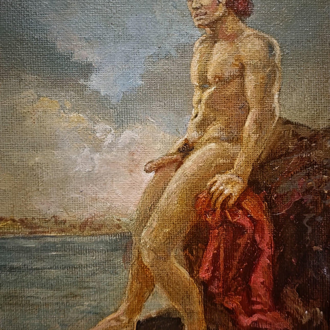 Academic Male Nude Oil Painting, Signed Vintage French Figure Study, Original Classical Artwork, Small Framed Canvas, Masculine Wall Decor