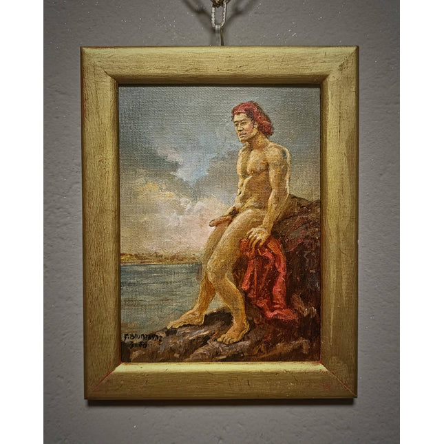 Academic Male Nude Oil Painting, Signed Vintage French Figure Study, Original Classical Artwork, Small Framed Canvas, Masculine Wall Decor