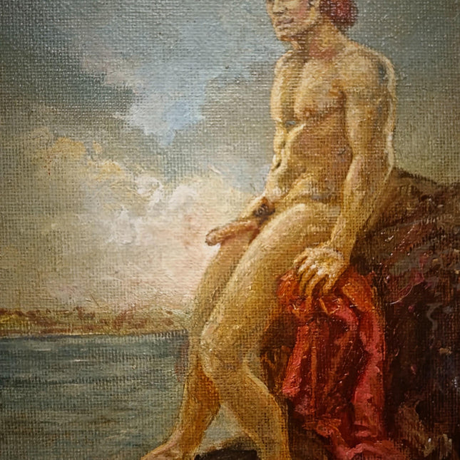 Academic Male Nude Oil Painting, Signed Vintage French Figure Study, Original Classical Artwork, Small Framed Canvas, Masculine Wall Decor