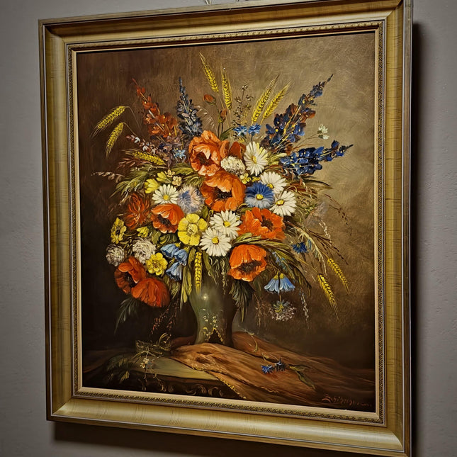 Large Vintage Wildflower Still Life Oil Painting, Signed Poppy Bouquet Artwork, Rustic Floral Decor, Framed Cottagecore Wall Art