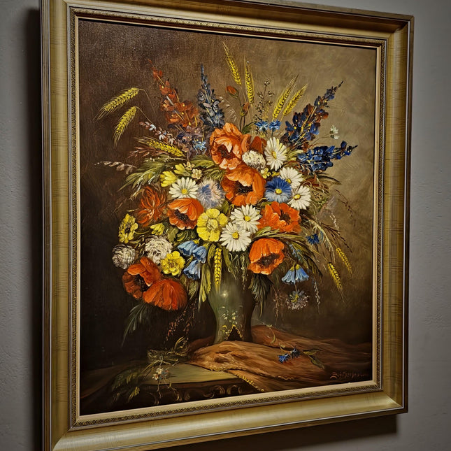 Large Vintage Wildflower Still Life Oil Painting, Signed Poppy Bouquet Artwork, Rustic Floral Decor, Framed Cottagecore Wall Art