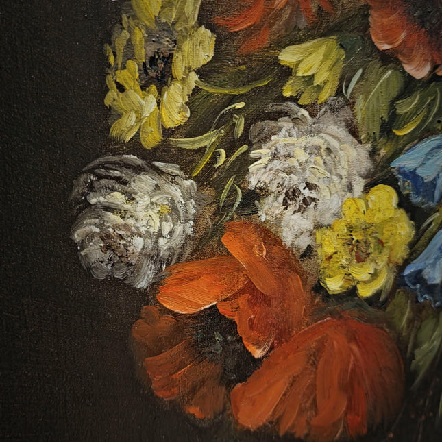 Large Vintage Wildflower Still Life Oil Painting, Signed Poppy Bouquet Artwork, Rustic Floral Decor, Framed Cottagecore Wall Art