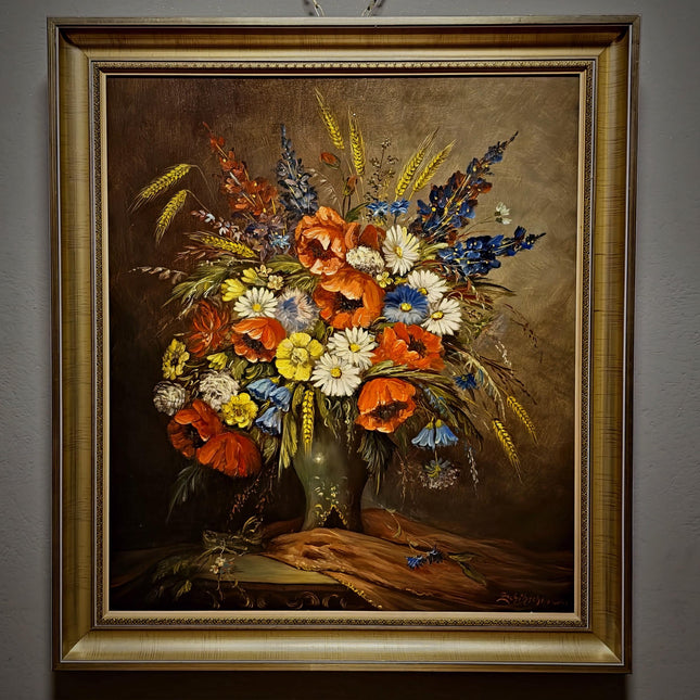Large Vintage Wildflower Still Life Oil Painting, Signed Poppy Bouquet Artwork, Rustic Floral Decor, Framed Cottagecore Wall Art