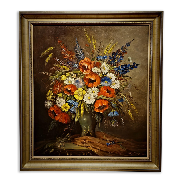 Large Vintage Wildflower Still Life Oil Painting, Signed Poppy Bouquet Artwork, Rustic Floral Decor, Framed Cottagecore Wall Art