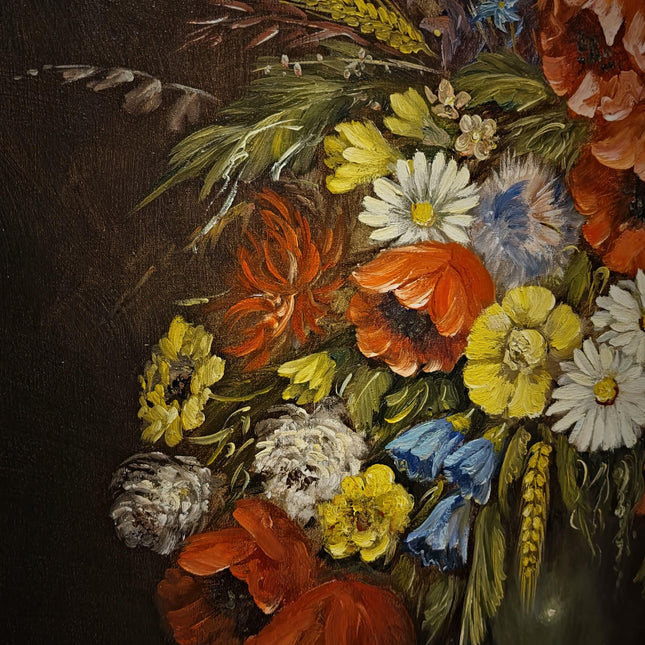 Large Vintage Wildflower Still Life Oil Painting, Signed Poppy Bouquet Artwork, Rustic Floral Decor, Framed Cottagecore Wall Art