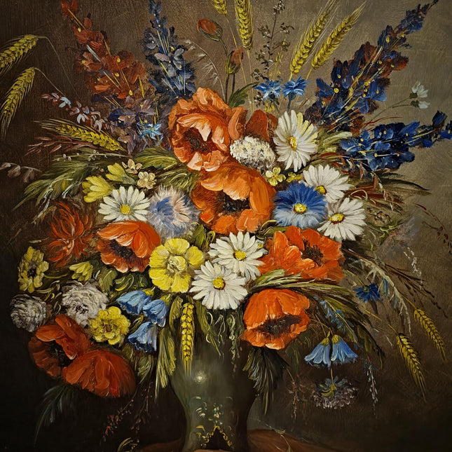 Large Vintage Wildflower Still Life Oil Painting, Signed Poppy Bouquet Artwork, Rustic Floral Decor, Framed Cottagecore Wall Art