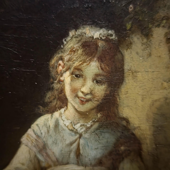 Antique French Child Genre Oil Painting, Peasant Girl Artwork, 19th Century Original, Gold Framed Vintage, Cottage Wall Art, Nursery Decor