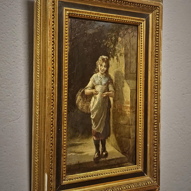 Antique French Child Genre Oil Painting, Peasant Girl Artwork, 19th Century Original, Gold Framed Vintage, Cottage Wall Art, Nursery Decor