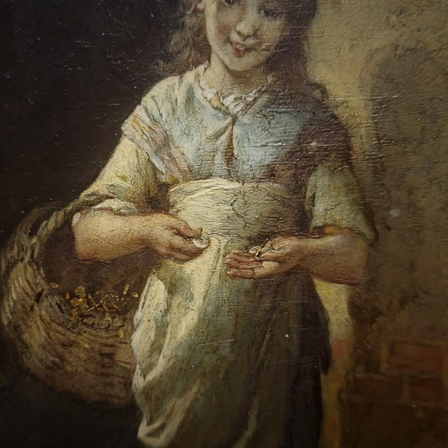 Antique French Child Genre Oil Painting, Peasant Girl Artwork, 19th Century Original, Gold Framed Vintage, Cottage Wall Art, Nursery Decor