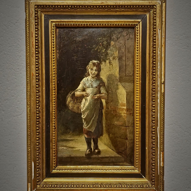 Antique French Child Genre Oil Painting, Peasant Girl Artwork, 19th Century Original, Gold Framed Vintage, Cottage Wall Art, Nursery Decor