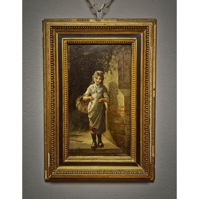 Antique French Child Genre Oil Painting, Peasant Girl Artwork, 19th Century Original, Gold Framed Vintage, Cottage Wall Art, Nursery Decor