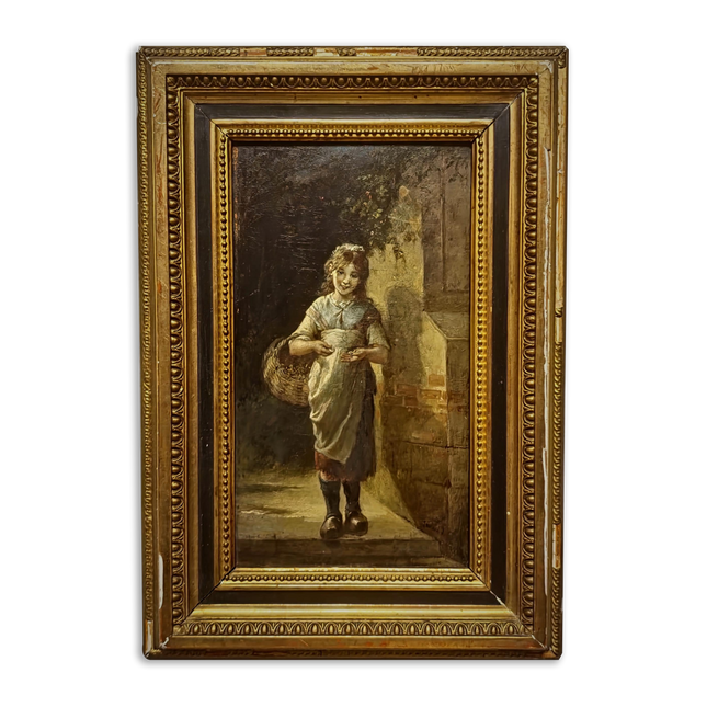 Antique French Child Genre Oil Painting, Peasant Girl Artwork, 19th Century Original, Gold Framed Vintage, Cottage Wall Art, Nursery Decor