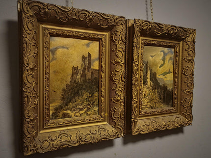 Pair Antique German Castle Ruins Oil Paintings, 19th Century Landscape Set, Matching Gold Framed Wall Art, Romantic Decor