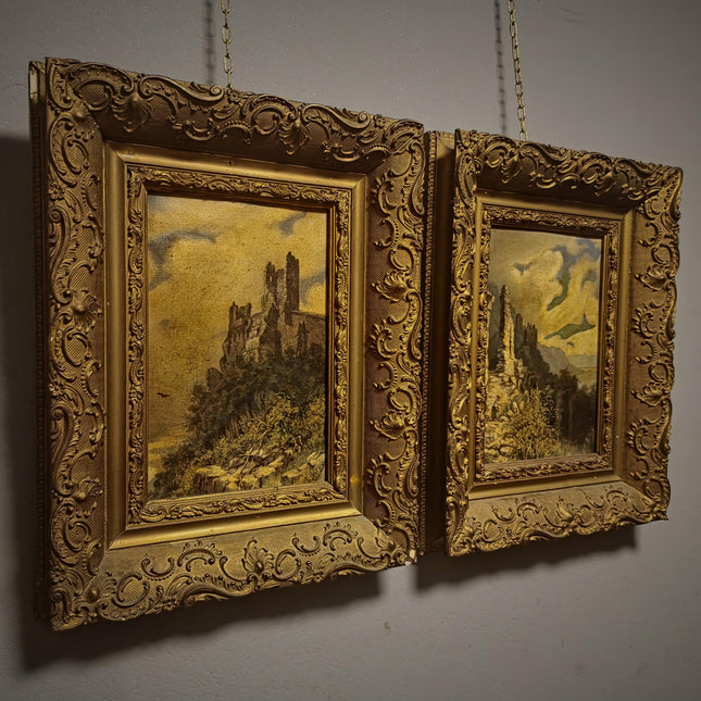 Pair Antique German Castle Ruins Oil Paintings, 19th Century Landscape Set, Matching Gold Framed Wall Art, Romantic Decor