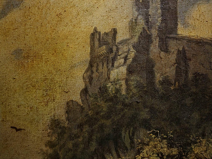 Pair Antique German Castle Ruins Oil Paintings, 19th Century Landscape Set, Matching Gold Framed Wall Art, Romantic Decor