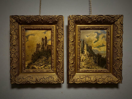 Pair Antique German Castle Ruins Oil Paintings, 19th Century Landscape Set, Matching Gold Framed Wall Art, Romantic Decor