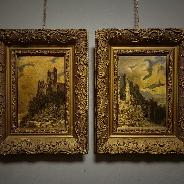 Pair Antique German Castle Ruins Oil Paintings, 19th Century Landscape Set, Matching Gold Framed Wall Art, Romantic Decor