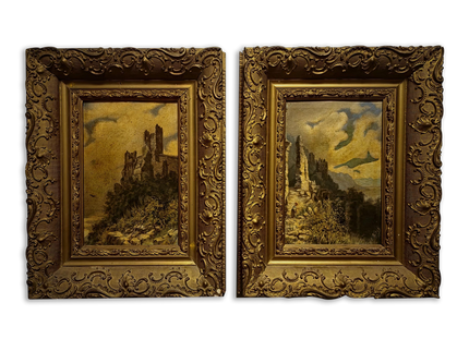Pair Antique German Castle Ruins Oil Paintings, 19th Century Landscape Set, Matching Gold Framed Wall Art, Romantic Decor
