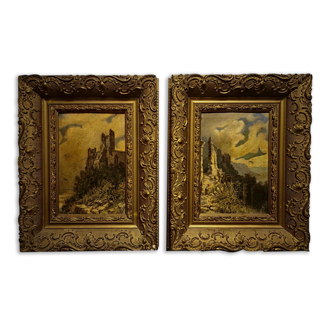 Pair Antique German Castle Ruins Oil Paintings, 19th Century Landscape Set, Matching Gold Framed Wall Art, Romantic Decor