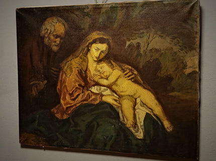Large Antique Madonna and Child Oil Painting, Old Master Style Religious Art, Holy Family Artwork, Flemish Baroque Dark Academia Decor