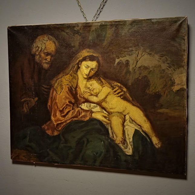 Large Antique Madonna and Child Oil Painting, Old Master Style Religious Art, Holy Family Artwork, Flemish Baroque Dark Academia Decor