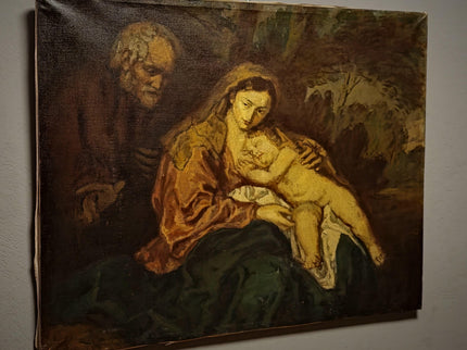 Large Antique Madonna and Child Oil Painting, Old Master Style Religious Art, Holy Family Artwork, Flemish Baroque Dark Academia Decor