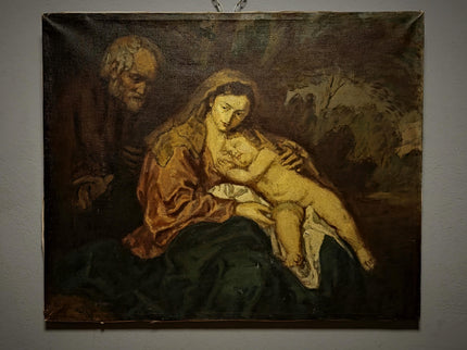 Large Antique Madonna and Child Oil Painting, Old Master Style Religious Art, Holy Family Artwork, Flemish Baroque Dark Academia Decor