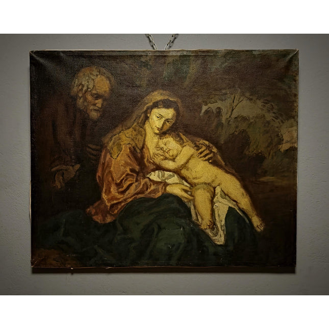 Large Antique Madonna and Child Oil Painting, Old Master Style Religious Art, Holy Family Artwork, Flemish Baroque Dark Academia Decor