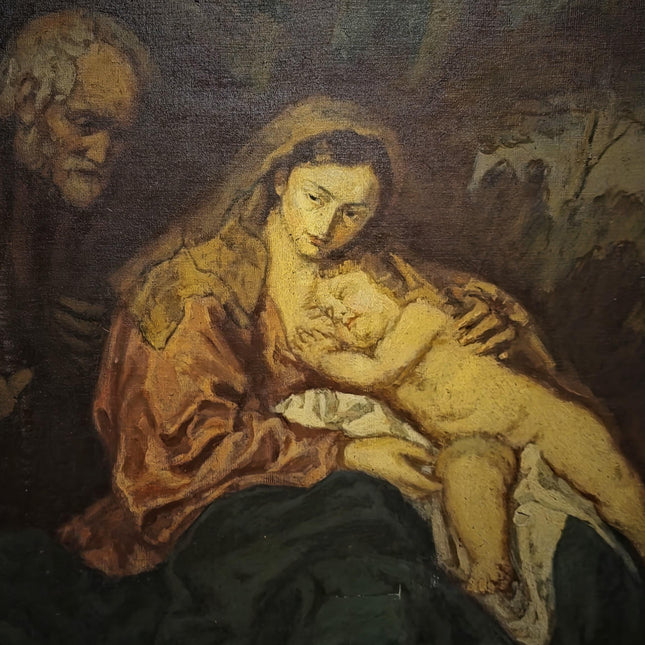 Large Antique Madonna and Child Oil Painting, Old Master Style Religious Art, Holy Family Artwork, Flemish Baroque Dark Academia Decor