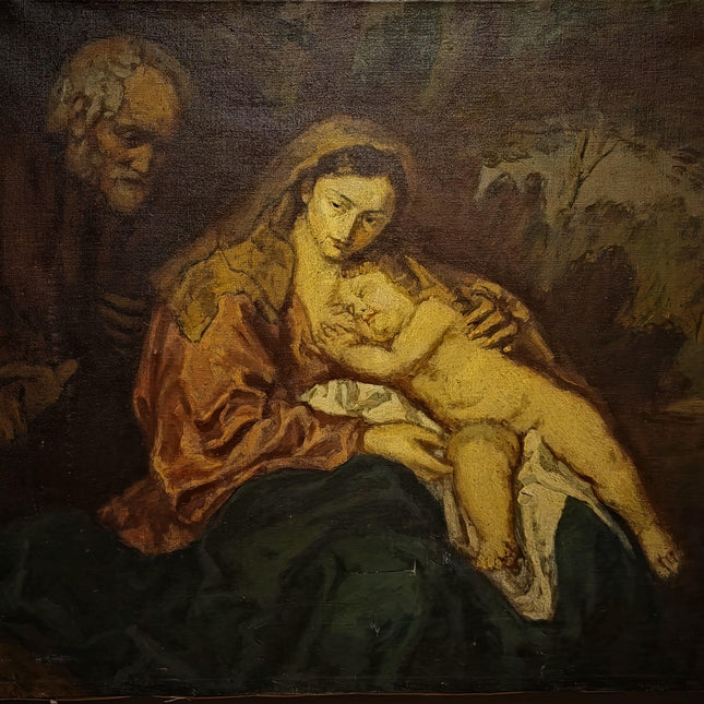Large Antique Madonna and Child Oil Painting, Old Master Style Religious Art, Holy Family Artwork, Flemish Baroque Dark Academia Decor