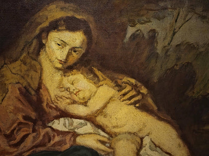 Large Antique Madonna and Child Oil Painting, Old Master Style Religious Art, Holy Family Artwork, Flemish Baroque Dark Academia Decor