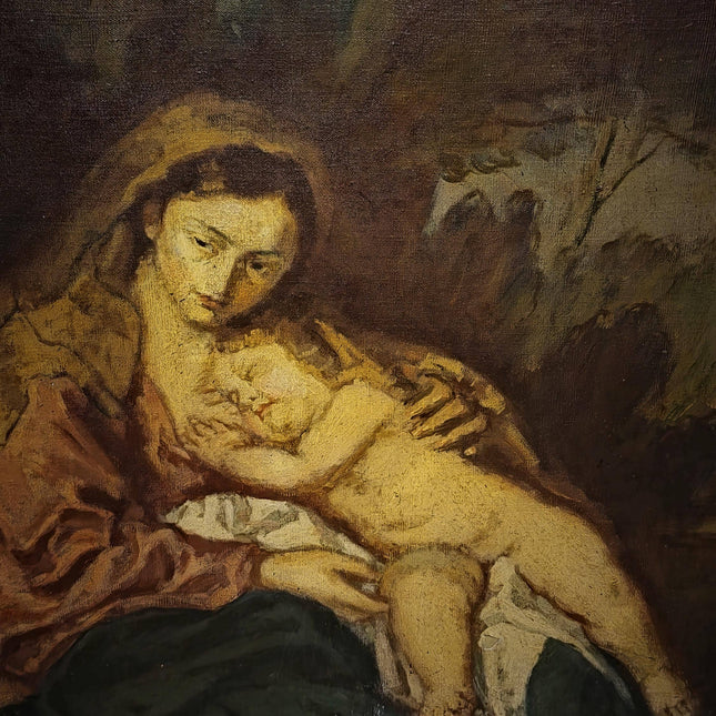 Large Antique Madonna and Child Oil Painting, Old Master Style Religious Art, Holy Family Artwork, Flemish Baroque Dark Academia Decor