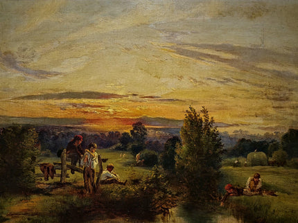 Antique American Pastoral Sunset Oil Painting, 19th Century Golden Landscape Artwork, Framed Wall Art Farmhouse Decor, Classic Country Scene